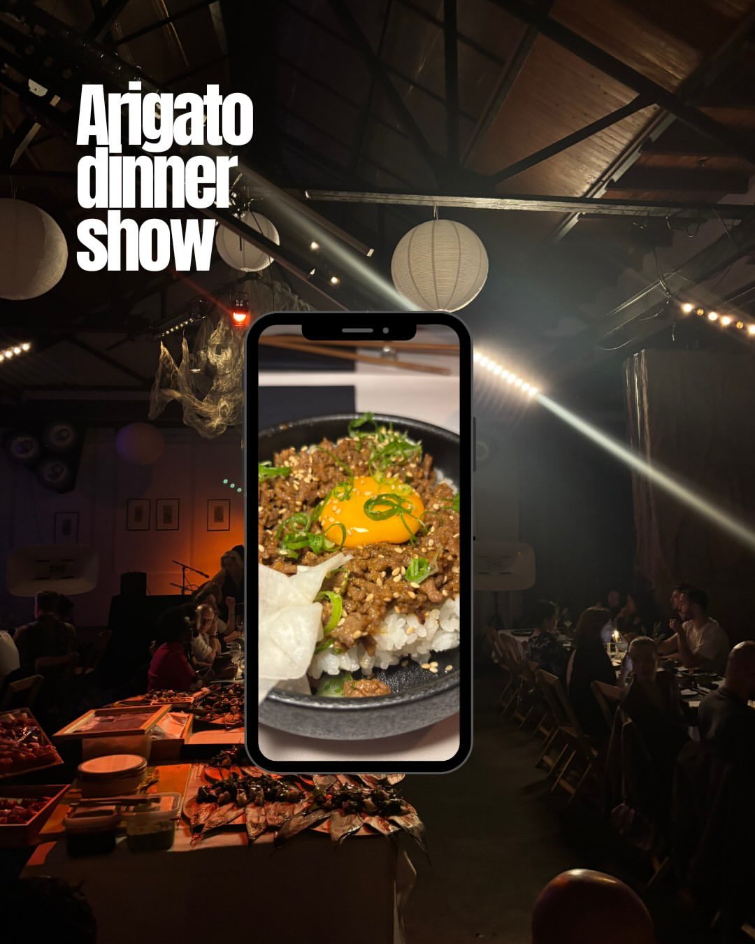 Arigato dinner show: a bowl of gyudon in a dimmed dinner hall