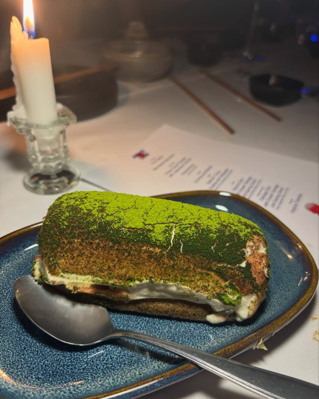 Matcha tiramisu by candlelight